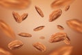 Realistic flying almonds background. Template with almonds for packaging design. vector illustration Royalty Free Stock Photo