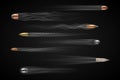 Realistic flying bullet with smoke trace isolated, a set of shot bullets in slow motion