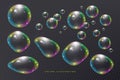 Realistic Flying Soap bubbles. Vector illustration in 3D style