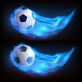 Realistic flying soccer ball in blue fire Royalty Free Stock Photo