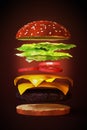 Realistic food. Burger with floating ingredients. 3D render