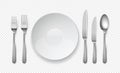 Realistic food plate with spoon, knife and fork. White empty dishes for cafe and restaurants. Cutlery vector top view