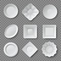 Realistic food plates. Empty white round and square dishes and bowls. Ceramic plate top view 3d mockups. Clean kitchen tableware Royalty Free Stock Photo