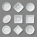 Realistic food plates. Empty white round and square dishes and bowls. Ceramic plate top view 3d mockups. Clean kitchen