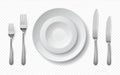 Realistic food plates. White ceramic dish with metal fork spoon and knife, empty restaurant porcelain crockery. Vector