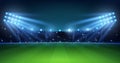 Realistic football arena. Soccer playing field at night with bright stadium lights, green grass and tribunes. Vector Royalty Free Stock Photo