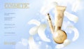 Realistic foundation powder. Tube spray, container golden cosmetic light background blue sunny sky spring white feather
