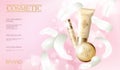 Realistic foundation powder. Tube spray, container golden cosmetic light background blue sunny sky spring white feather