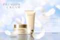 Realistic foundation skin tone. Tube container golden cosmetic light background blue sunny sky spring white feather. 3d