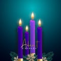 Realistic four Purple candles on dark green background. Royalty Free Stock Photo
