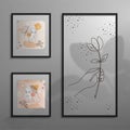 Realistic frames. 3D posters with floral shadow overlay effect. Frameworks hanging on wall. Woman portraits. Line art