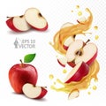 Realistic fresh apples, natural apple juice, pieces and half, transparent juicy splash, set 3d vector illustration