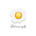 Realistic fried egg icon, detailed 3D closeup omelet, traditional morning breakfast food logo, creative card mockup