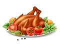 Realistic fried turkey dish. Baked poultry and garnish, tomatoes, herbs and spices, roasted chicken, thanksgiving day