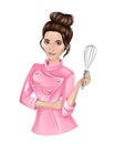 realistic friendly woman chef holding whisk in hand. Smiling beautiful brunette in female pink cook uniform