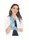 realistic friendly woman doctor in blue gloves with stethoscope. Smiling beautiful brunette in female medical uniform