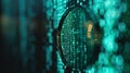 Realistic frosted glass magnifier on coding pattern, minimalistic design on dark background