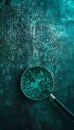 Realistic frosted glass texture magnified coding pattern in green and turquoise on dark background