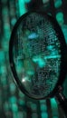 Realistic frosted glass texture magnified coding pattern in green and turquoise on dark background