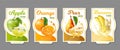 Realistic fruit labels. Different juices stickers. Fresh drinks brand emblems. Packaging tags with apple and orange