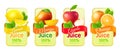 Realistic Fruit Labels. Packaging Stickers With Fresh Realistic Fruits Citrus Lemon And Orange, Mango And Apple. Water