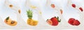 Realistic fruits strawberry, apricot, pineapple, raspberry with milk splashes close up. 3d vector illustration. Set milk Royalty Free Stock Photo