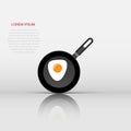 Realistic frying pan with egg icon in flat style. Cooking pan illustration on white isolated background. Skillet kitchen equipment Royalty Free Stock Photo