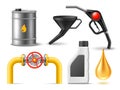 Realistic fuel elements. 3d barrel, golden oil drip, pipeline fragment with valve, steel barrel of gasoline, petroleum