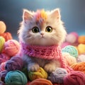 Realistic funny cat in knitted wool scarf sitting among knitting and colorful yarn balls. Cute kitten character. Mascot