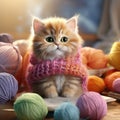 Realistic funny cat in knitted wool scarf sitting among knitting and colorful yarn balls. Cute kitten character. Mascot