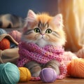 Realistic funny cat in knitted wool scarf sitting among knitting and colorful yarn balls. Cute kitten character. Mascot