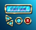 Realistic game buttons set on blue background. Mobile gui designs. User interface navigation knobs, vector illustrations