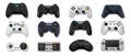 Realistic gamepads. Play console and PC games and stay at home concept, 3D video game controllers. Vector set of gaming