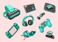 Realistic gamer accessories. Gadgets for virtual reality. Keyboard, mouse, mic, headphones, chair