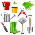 Realistic gardening tool set with isolated pieces of garden gear equipment on blank