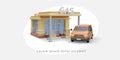 Realistic gas, petrol station. 3D building, pumps, machine. Place for advertising text, contacts