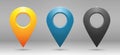 Realistic geolocation icons in yellow, blue and gray on a gradient background.