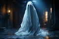 Realistic ghost standing on dark background. Generative Ai