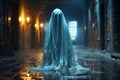 Realistic ghost standing on dark background. Generative Ai