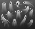 Realistic ghosts. Transparent different Halloween phantoms. Isolated flying spooky dead souls. Angry poltergeists. Mystical