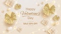 Realistic gift box with ribbon and heart shaped elements, luxury style valentines day background Royalty Free Stock Photo