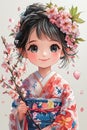 Realistic girl in kimono among spring bl. Royalty Free Stock Photo