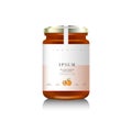 Realistic glass bottle packaging for fruit jam design. Apricot jam with design label, typography, line drawing apricots i. Mock up