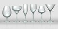 Realistic glass cups. Empty transparent champagne cocktail wine glasses and goblets. Vector realistic 3D glassware