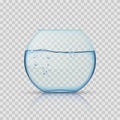 Realistic glass fishbowl, aquarium with water on transparent background