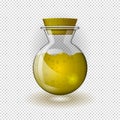 A realistic glass flask with oil or yellow liquid, closed with a stopper. On a transparent background.