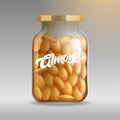 Realistic glass jar with almonds close-up on an isolated background with a typewriter Almond. Realistic illustration for pa