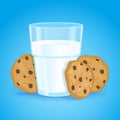 Realistic glass with milk and cookies with chocolate chips on a blue background. Fresh delicious vitamin and healthy breakfast