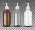 Realistic glass and plastic bottle with dispenser pump. Transparent bottle template mockup with liquid gel, soap, lotion