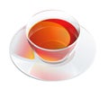 Realistic glass tea cup and saucer with vapor. Royalty Free Stock Photo